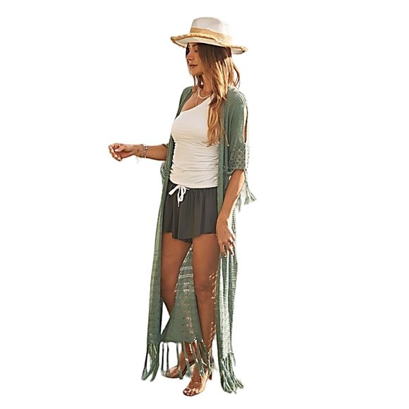 Blue Sage Cold Shoulder Long Fringed Bohemian Cardigan Duster Kimono DWJ8 - Picture 2 of 7